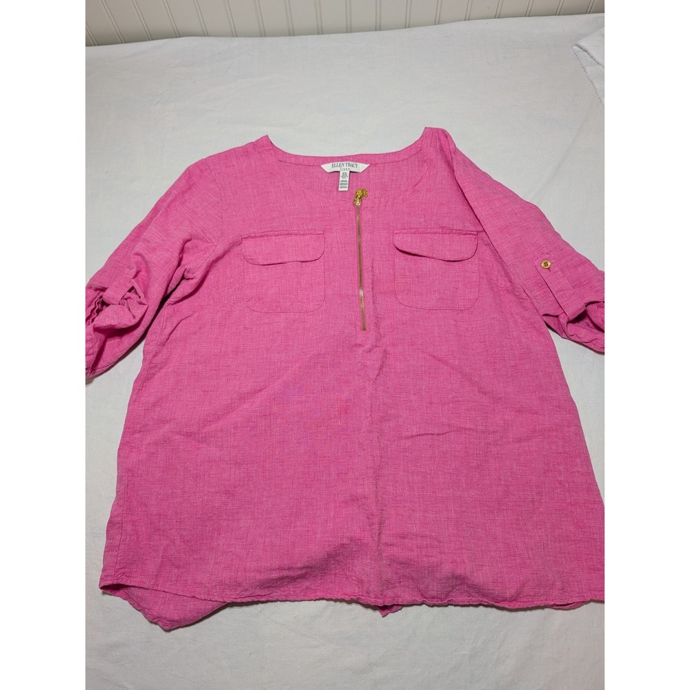 Ellen Tracy Linen Pink Quarter Zip Roll Tab Sleeve Tunic Top XL EPMHC3425